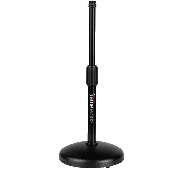 Desktop mic stand designed for podcasts and similar setups / Weighted stable base and rubber feet minimize movement and unwanted noise / Adjustable twist clutch allows for optimal vertical positioning / Made to fit many of today’s popular podcast microphones